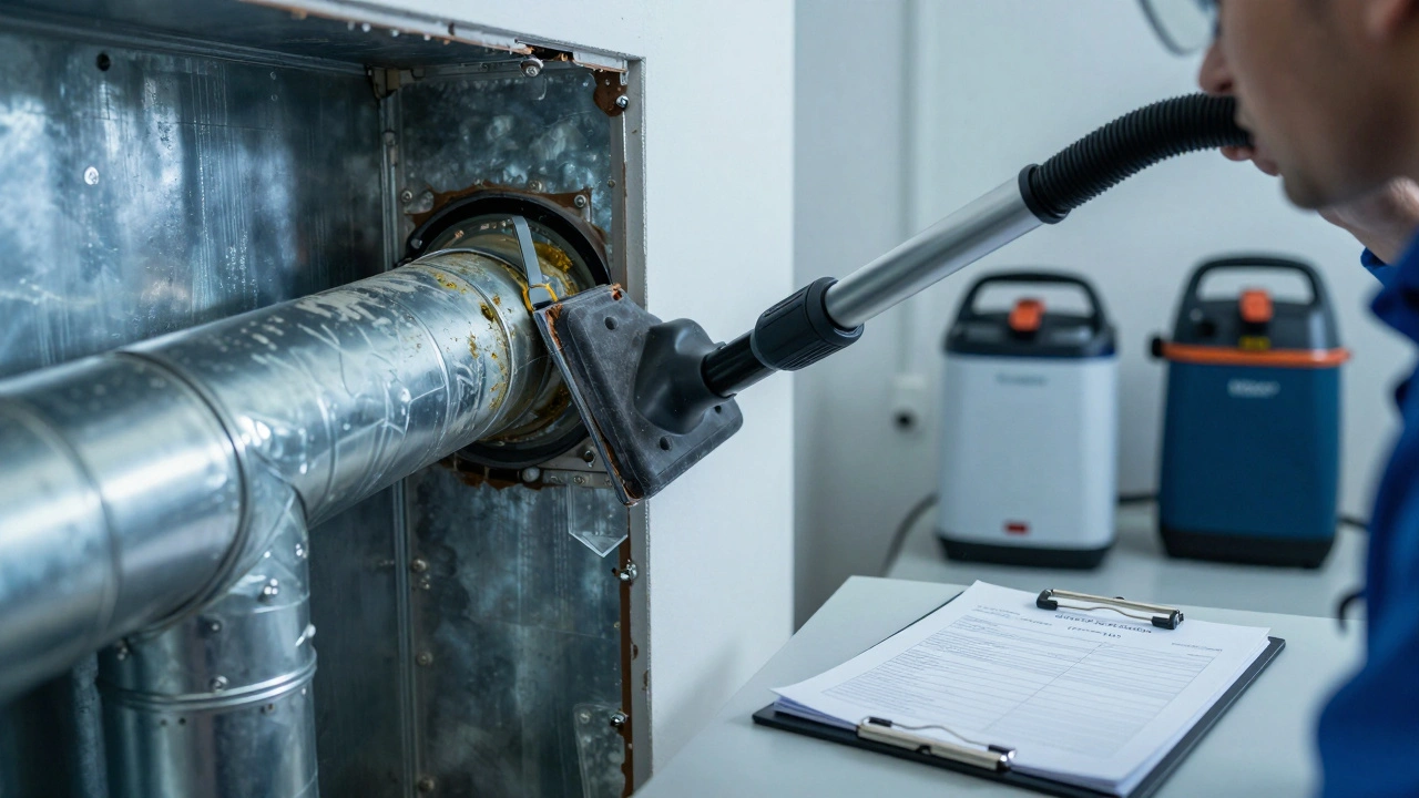 Professional cleaning ductwork with HEPA vacuum and camera inspection.