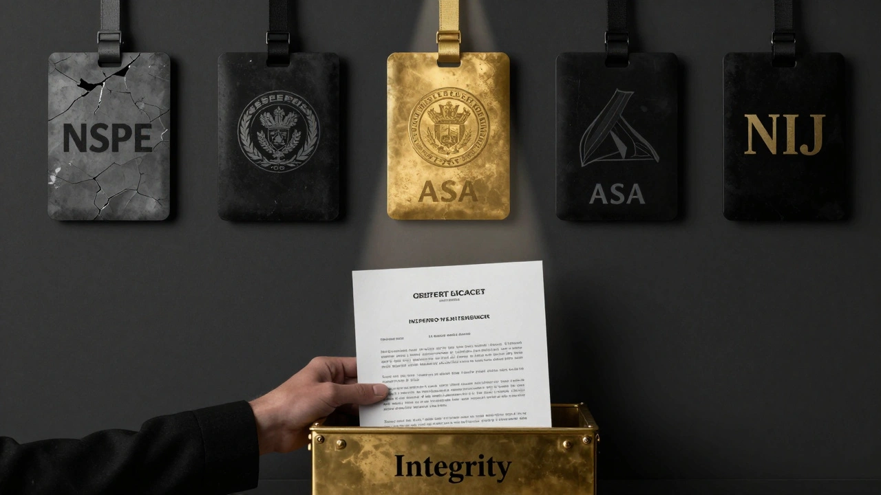 Professional ethics badges on a wall, one shining brightly as an integrity report is placed in a trusted box.