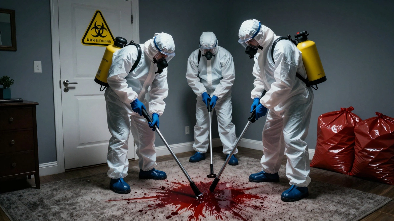 Professional remediation team using industrial equipment to clean a biohazard spill in a home.