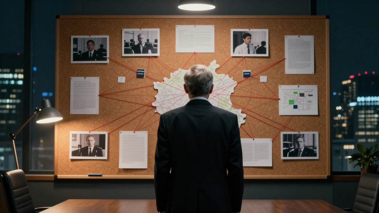 Prosecutor reviewing evidence connections on a corkboard