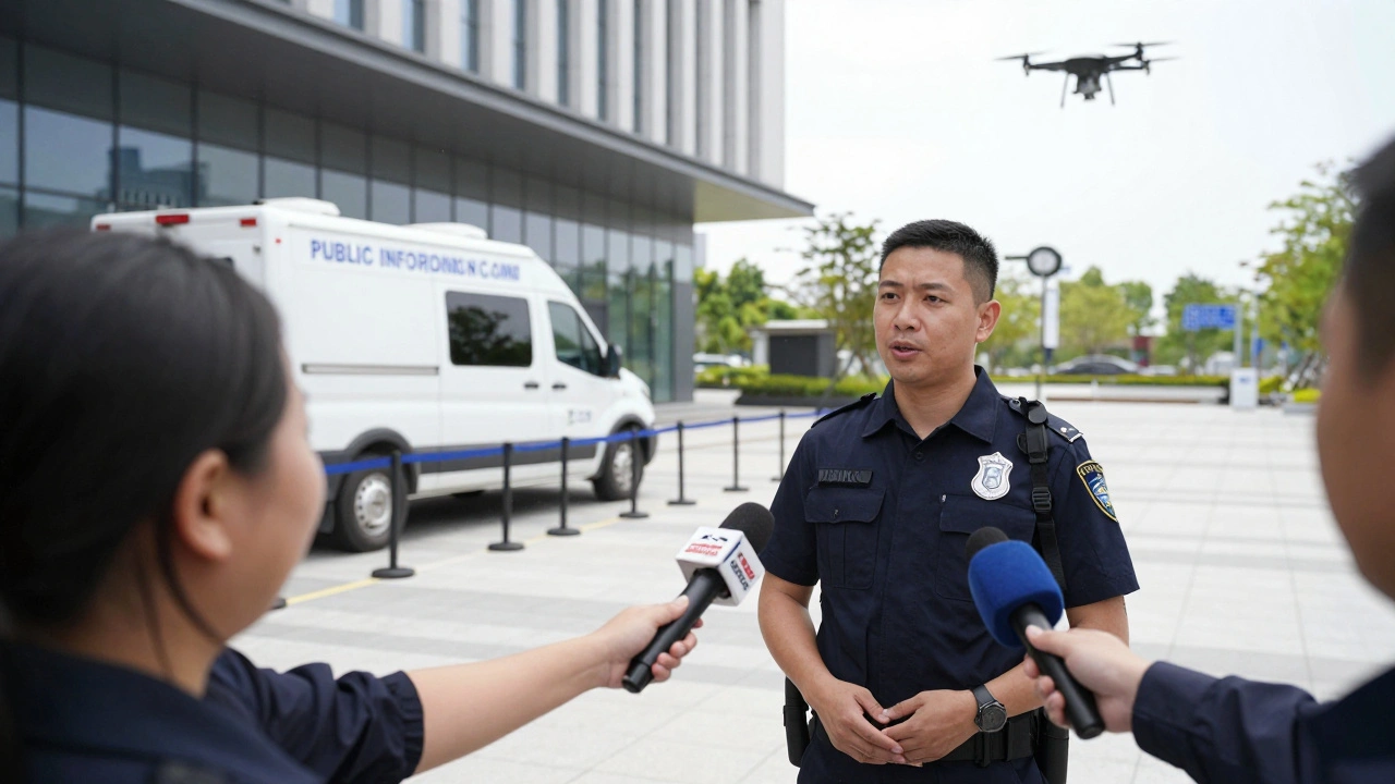 Public information officer addressing reporters behind a designated media line.