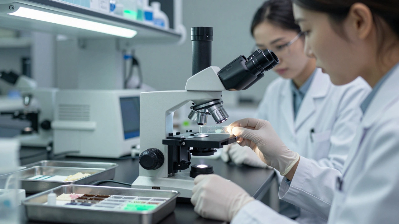 Scientists examining bullet residue under a laboratory microscope