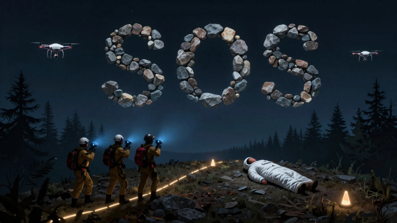 Search team using drones and thermal imaging to locate a hiker marked by an SOS in the forest.