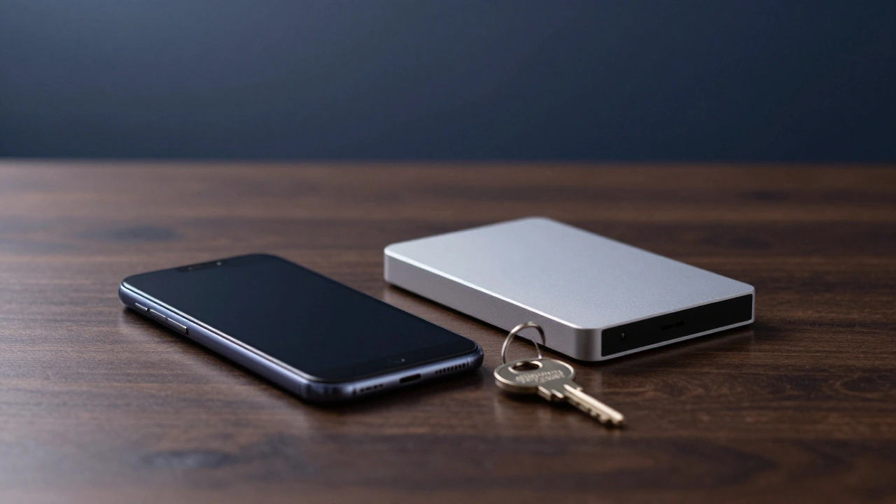 Smartphone and hard drive sitting on a polished wooden table