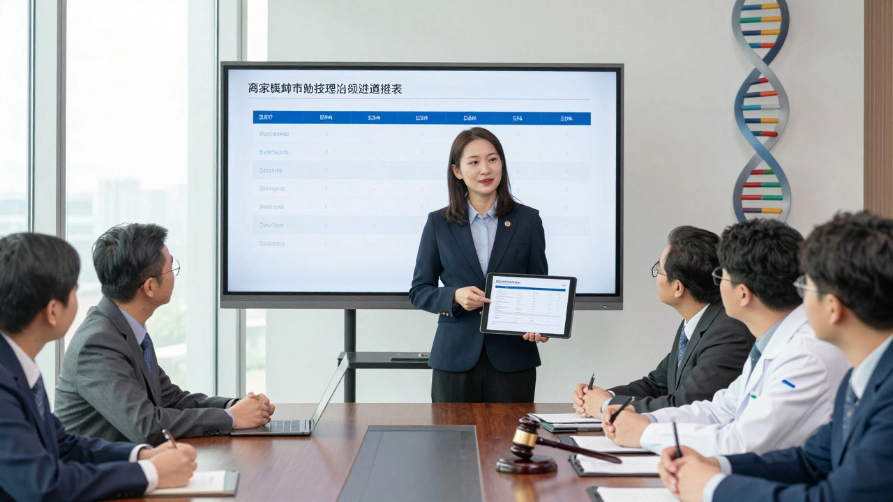 State forensic director presenting data to officials with accreditation metrics on screen.