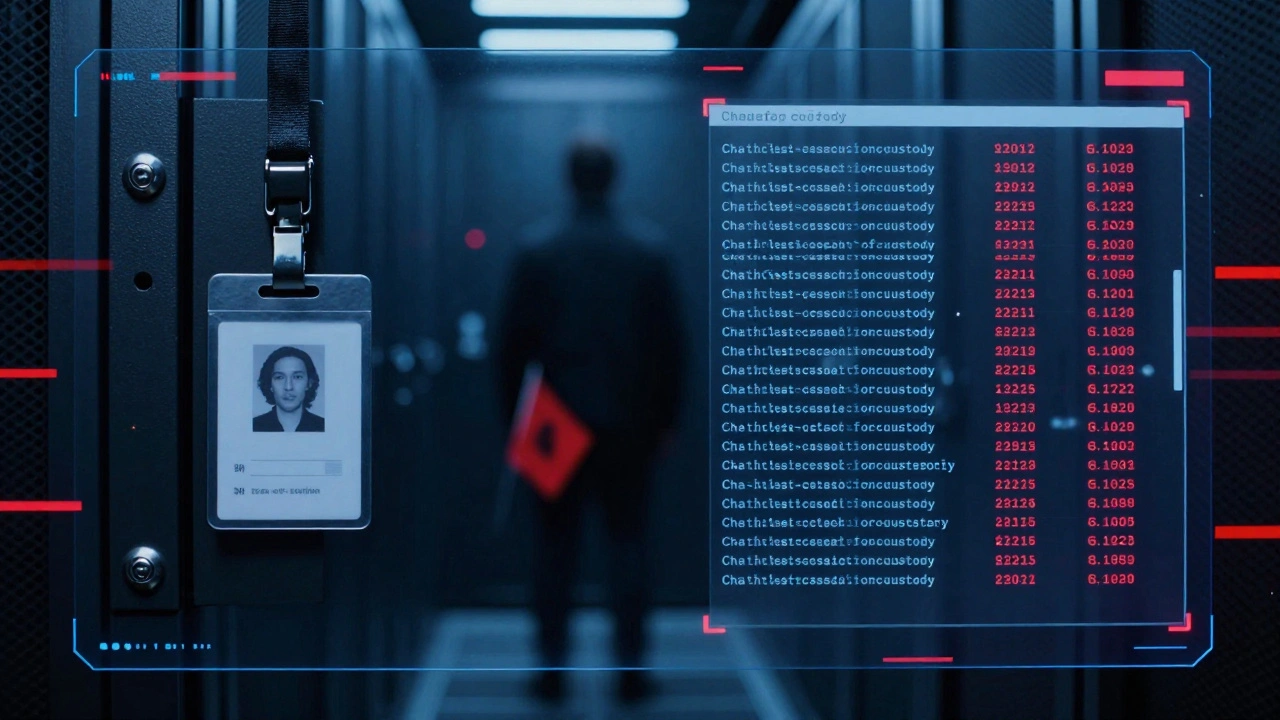 Synchronized physical access log and digital chain-of-custody record, with AI camera detecting unauthorized movement near evidence storage.