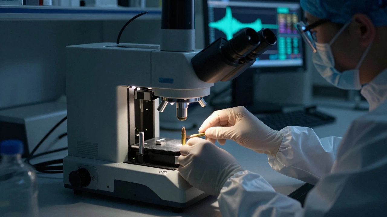 Technician scanning evidence in a forensic ballistics lab.