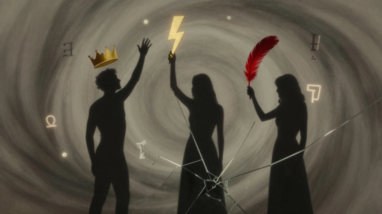 Three abstract figures representing power, thrill, and gratification in a fractured mirror of psychological motives.