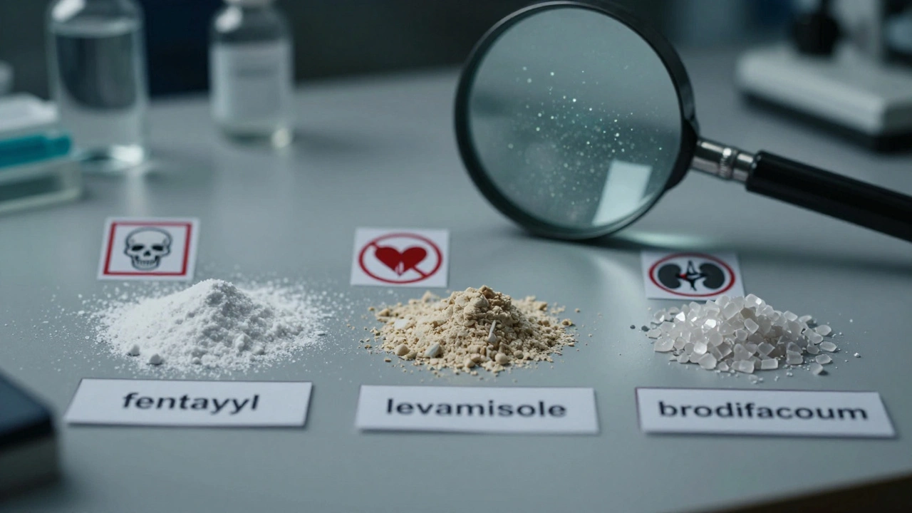 Three contaminated drug samples with hazard symbols on a forensic table.