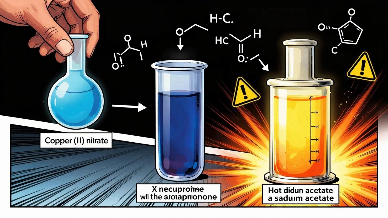 Three-step chemical test for synthetic cathinones showing color changes from blue to yellow-orange with chemical formulas.