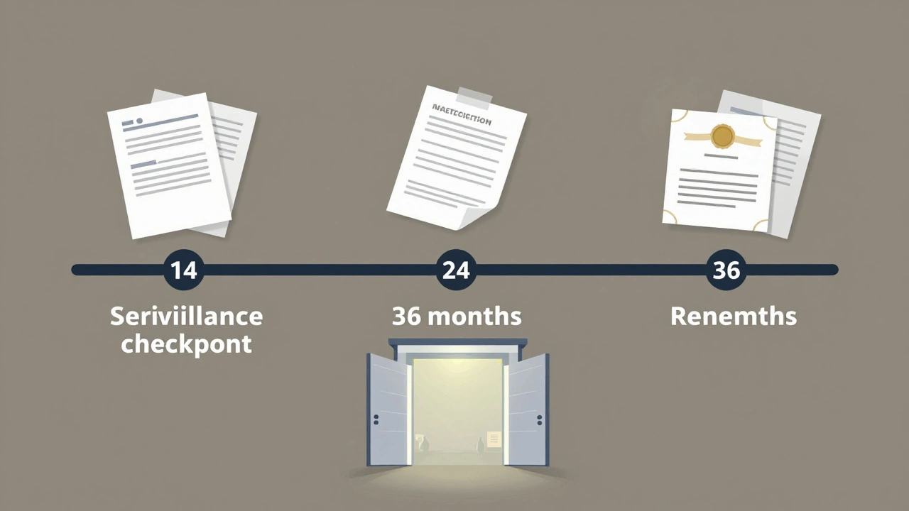Timeline showing surveillance visits and renewal gate in an accreditation cycle.