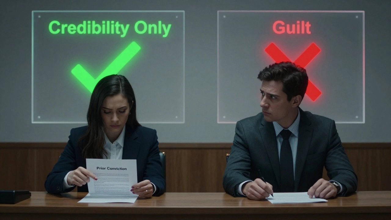Two jurors struggle mentally with a prior conviction, shown visually split between permitted and forbidden interpretations.