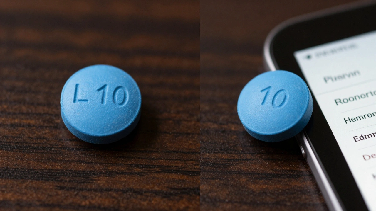 Two similar blue pills side by side—one with 'L 10' imprint and score, the other unmarked—highlighting identification differences.
