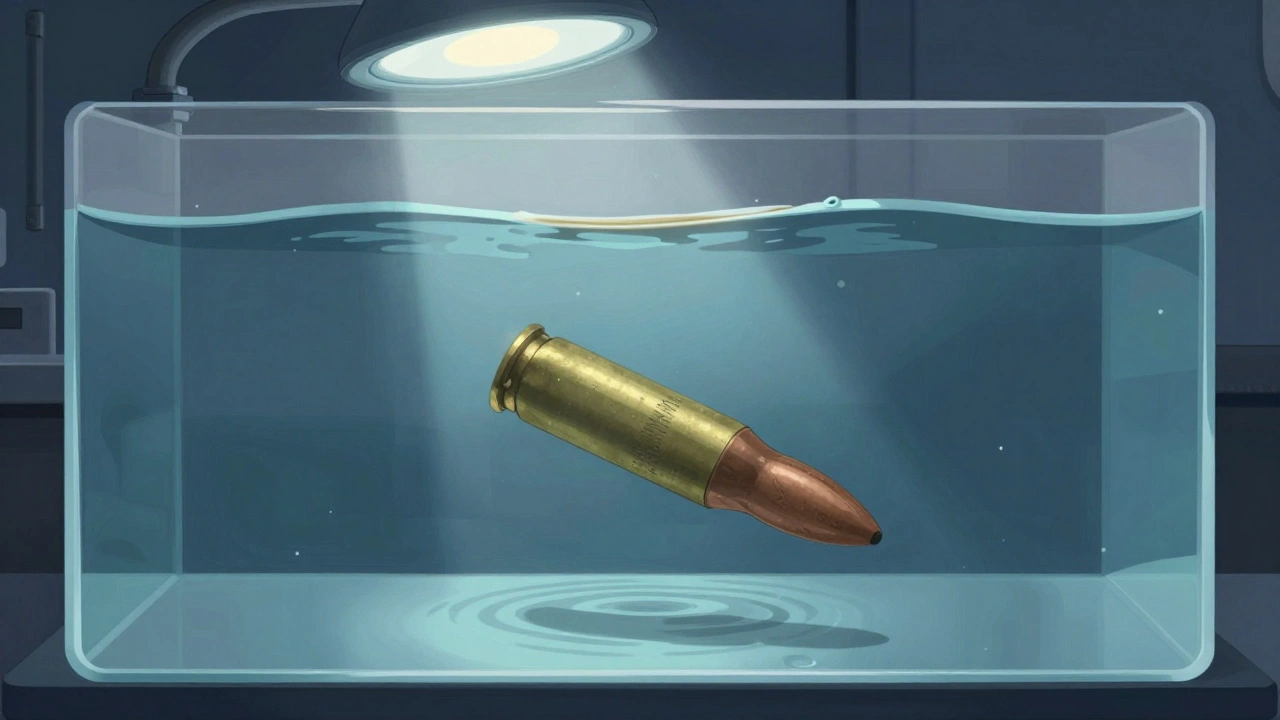 Water tank in a forensic lab capturing a test-fired bullet as it slows in distilled water.