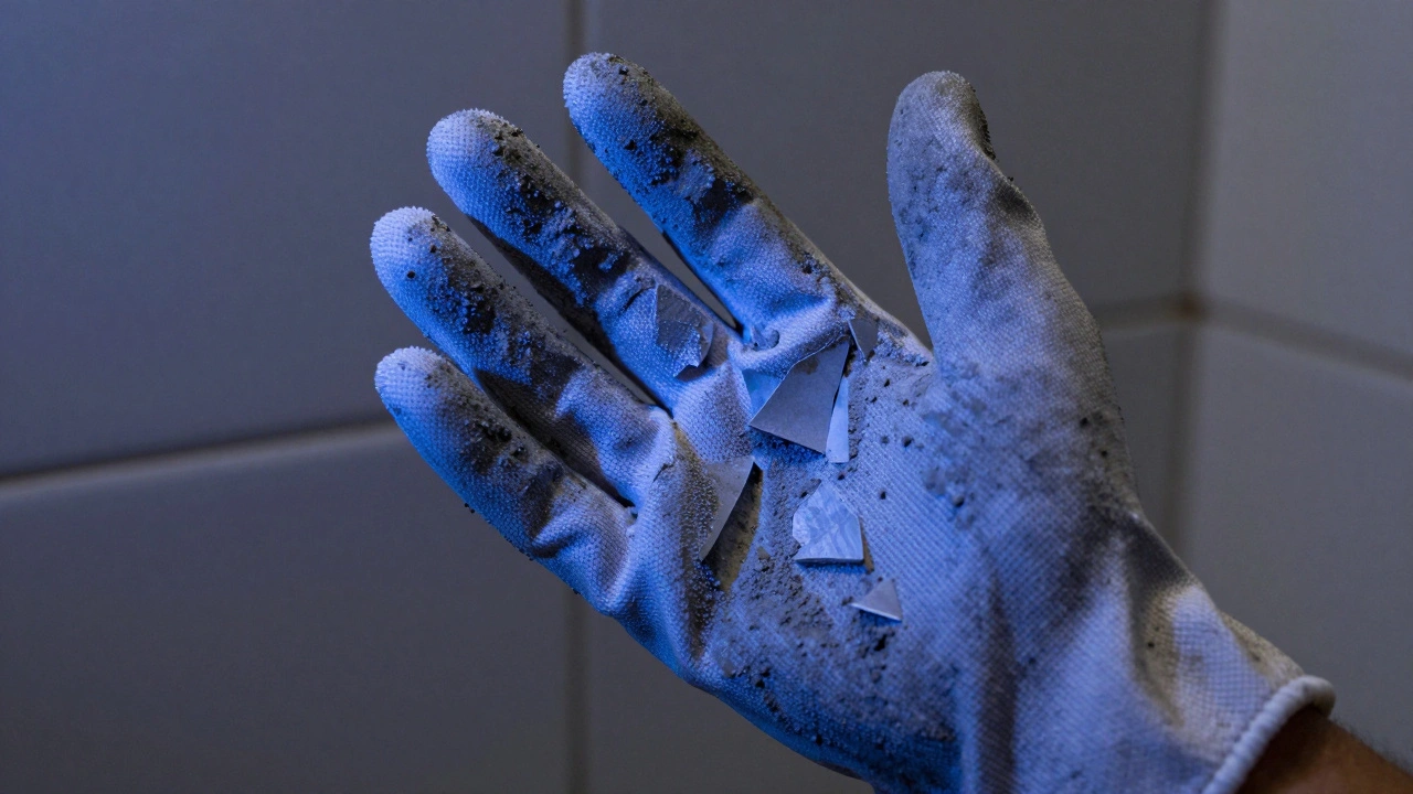 Work glove under UV light showing embedded cement board fragments.