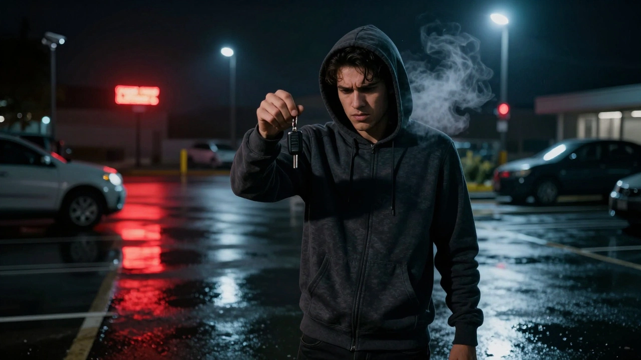 Young man holding a stolen car key in a neon-lit parking lot, adrenaline and danger in the air.