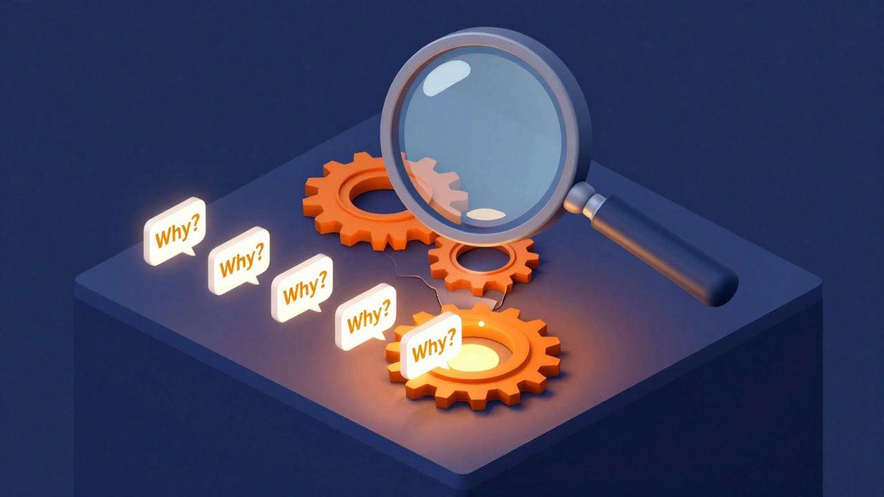 3D illustration of a root cause analysis process using the 5 Whys method