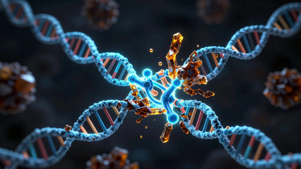 3D illustration of inhibitors blocking a DNA polymerase enzyme on a DNA strand