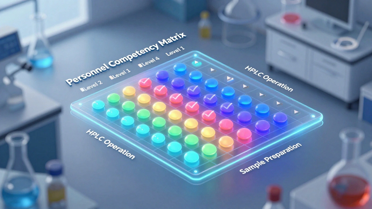 3D isometric visualization of a lab skill-competency matrix with proficiency levels
