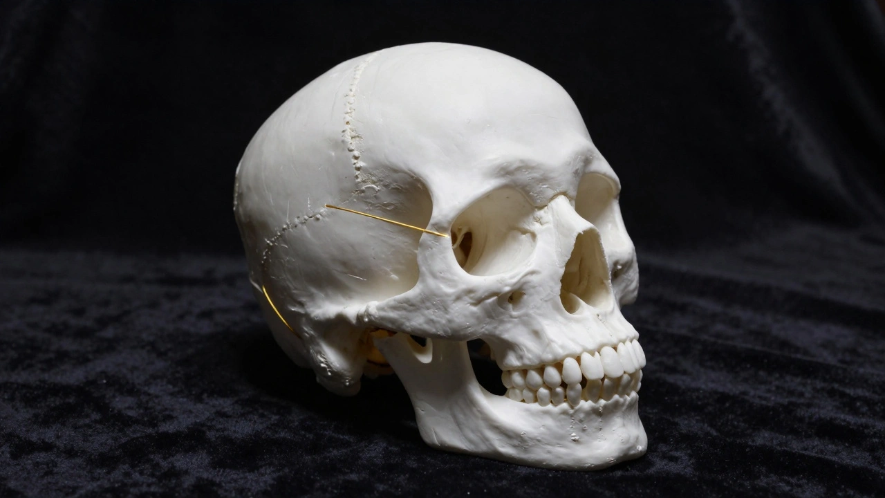 3D-printed skull model with a gold line illustrating a ballistic trajectory path.