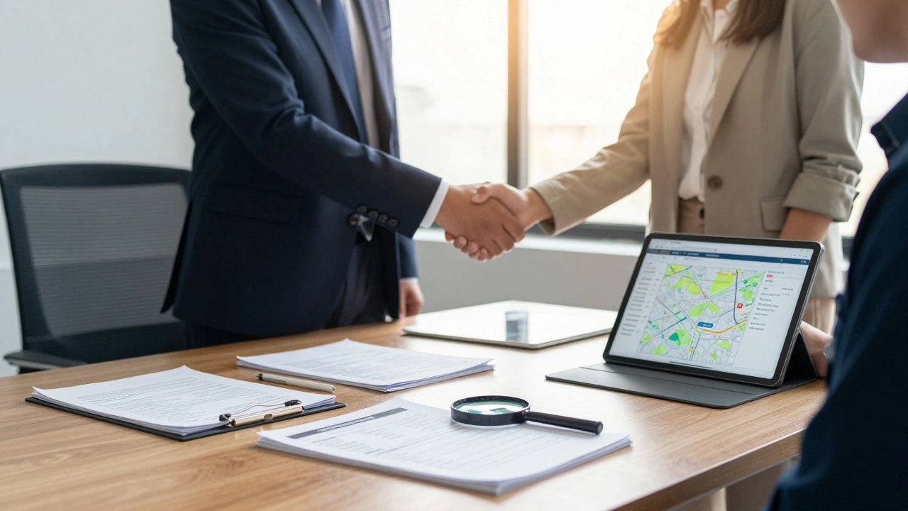 A collaborative workspace with case files and a tablet symbolizing NGO and police partnership