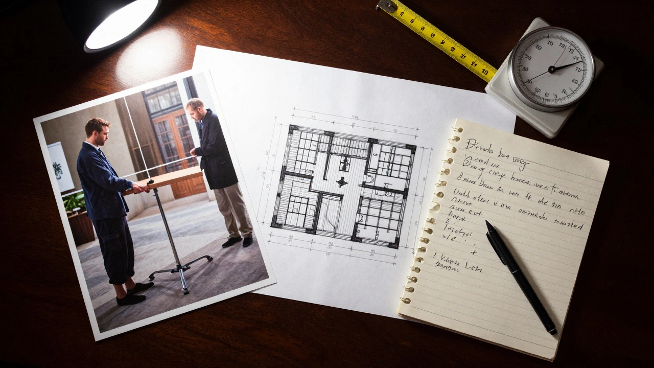 A collection of crime scene photographs, sketches, and handwritten notes on a dark table.