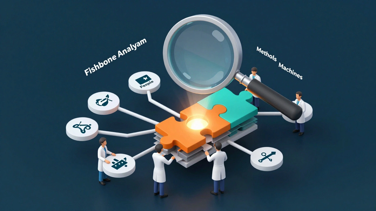 A conceptual 3D illustration of a Fishbone diagram used for lab root cause analysis.