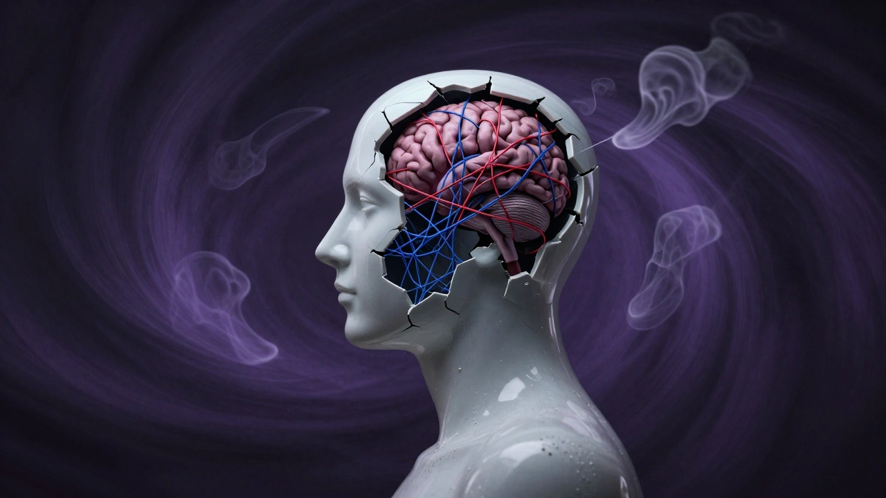 A conceptual image of a fragmented human silhouette with tangled colorful threads in the head.