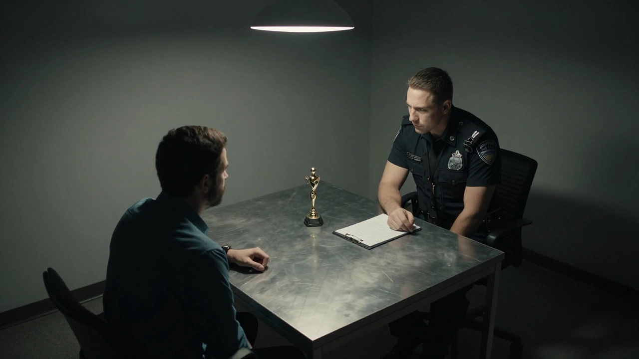A detective conducting a psychological interrogation of a suspect in a dim room.