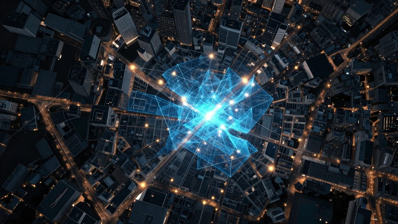 A digital map of a city with glowing amber markers and a blue heat-map zone for geographic profiling.