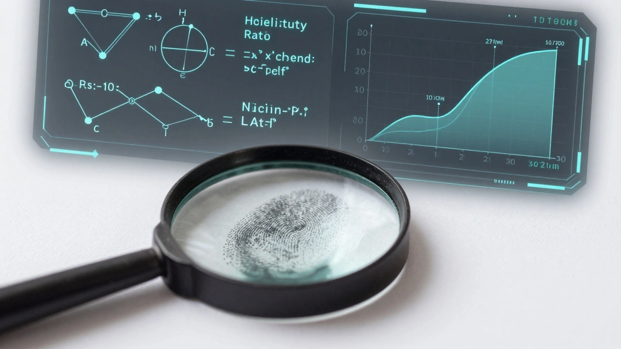 A digital statistical overlay and mathematical formula placed over a traditional fingerprint analysis.