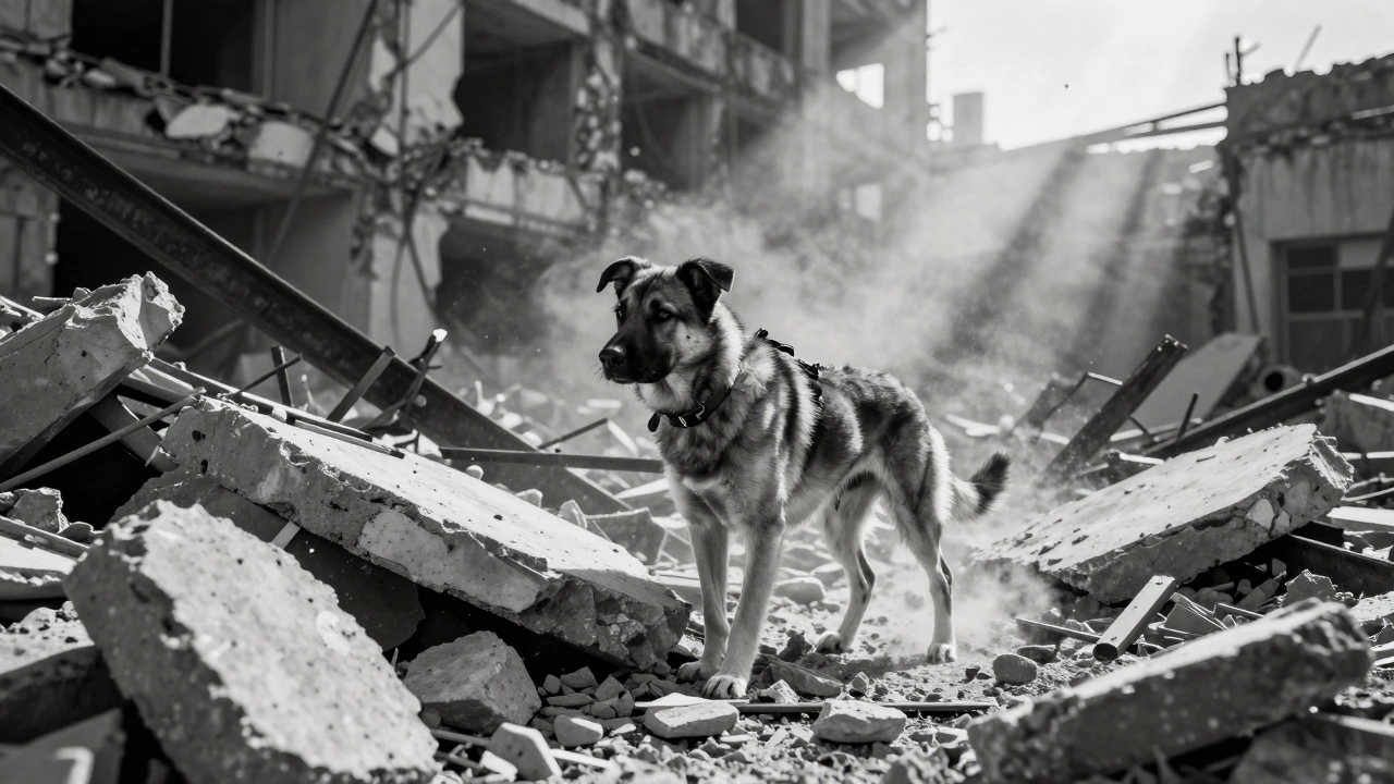 A disaster HRD dog giving a passive alert on a pile of concrete rubble.