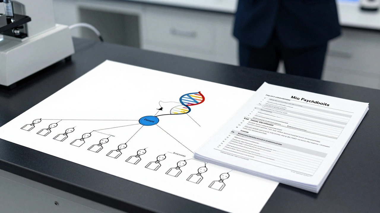 A family tree diagram next to DNA reports and psychological profiles on a laboratory table.