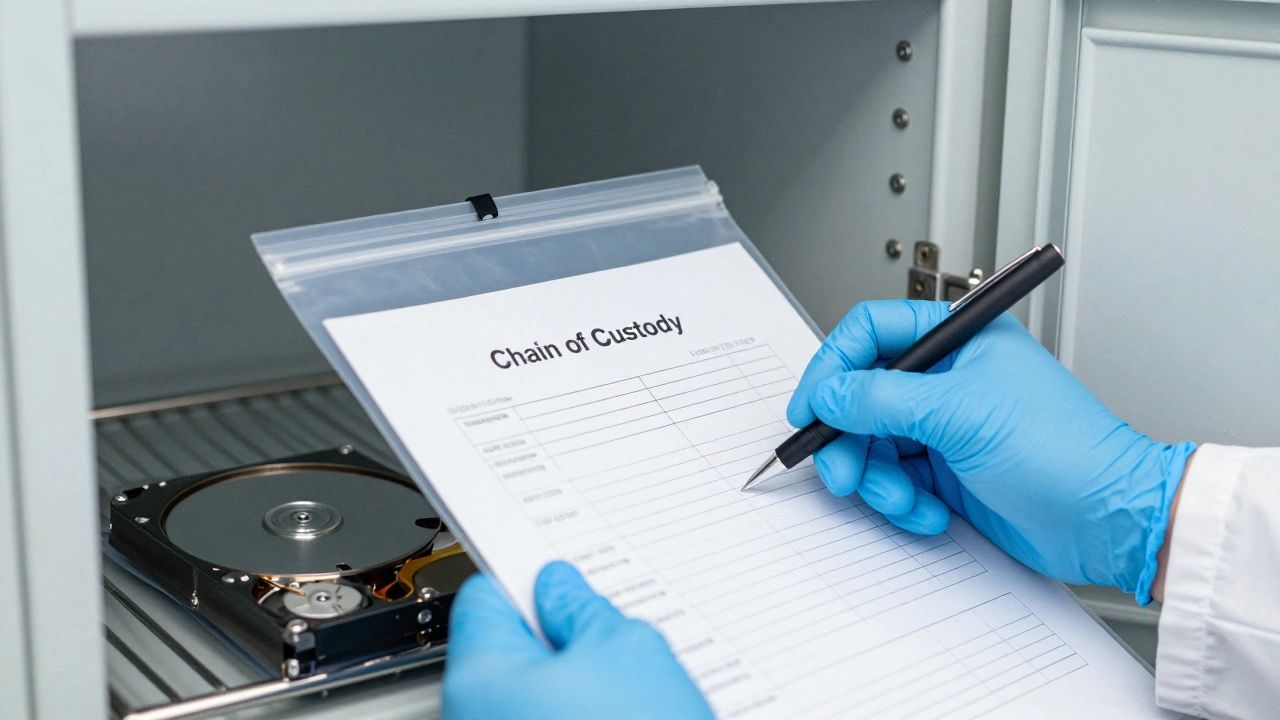 A forensic examiner signing a chain of custody log for a piece of digital evidence.