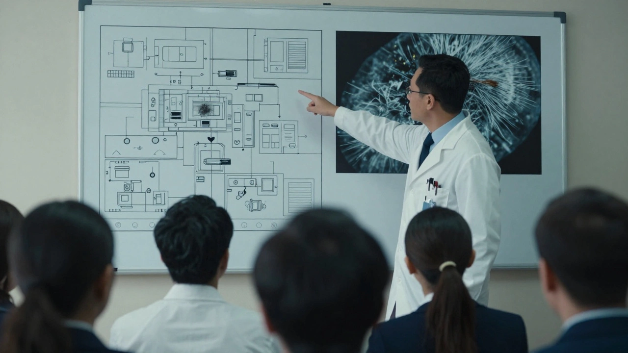 A forensic expert presenting a crime scene diagram to a focused jury.