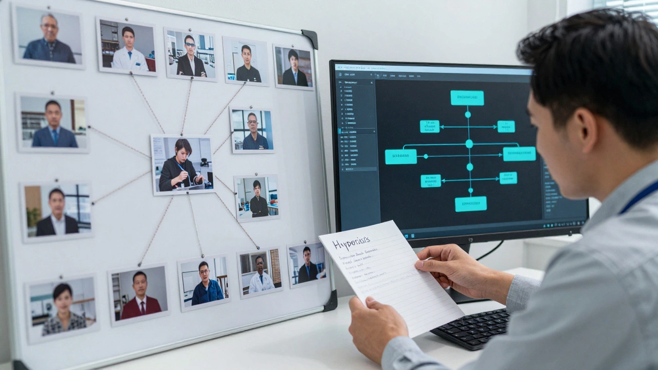 A forensic investigator comparing a physical evidence board with a digital analytical decision tree.