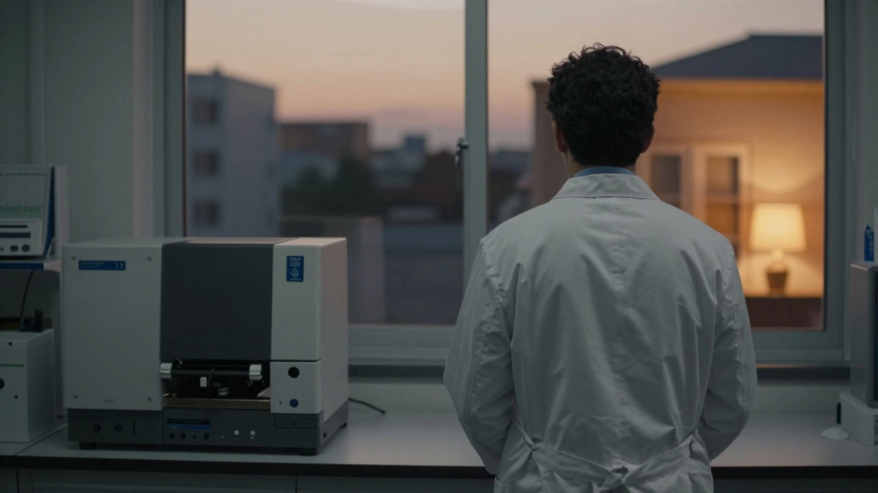 A forensic scientist in a lab coat looking out a window at dusk, balancing work and home life.