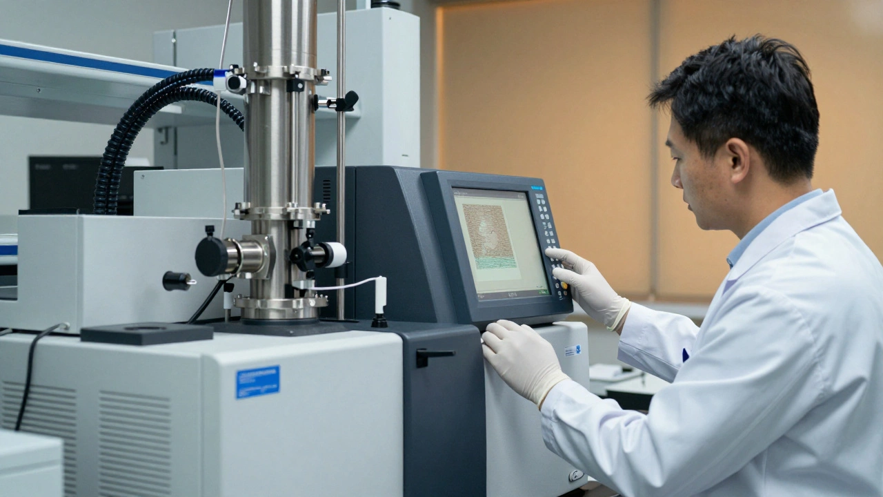 A forensic scientist operating a GC-MS system in a high-tech toxicology laboratory.