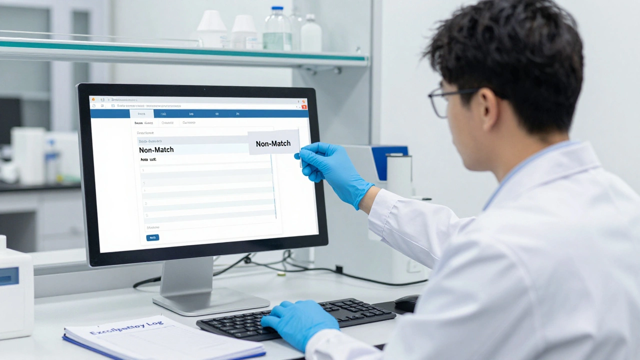 A forensic technician in a lab flagging a non-match DNA result for disclosure.