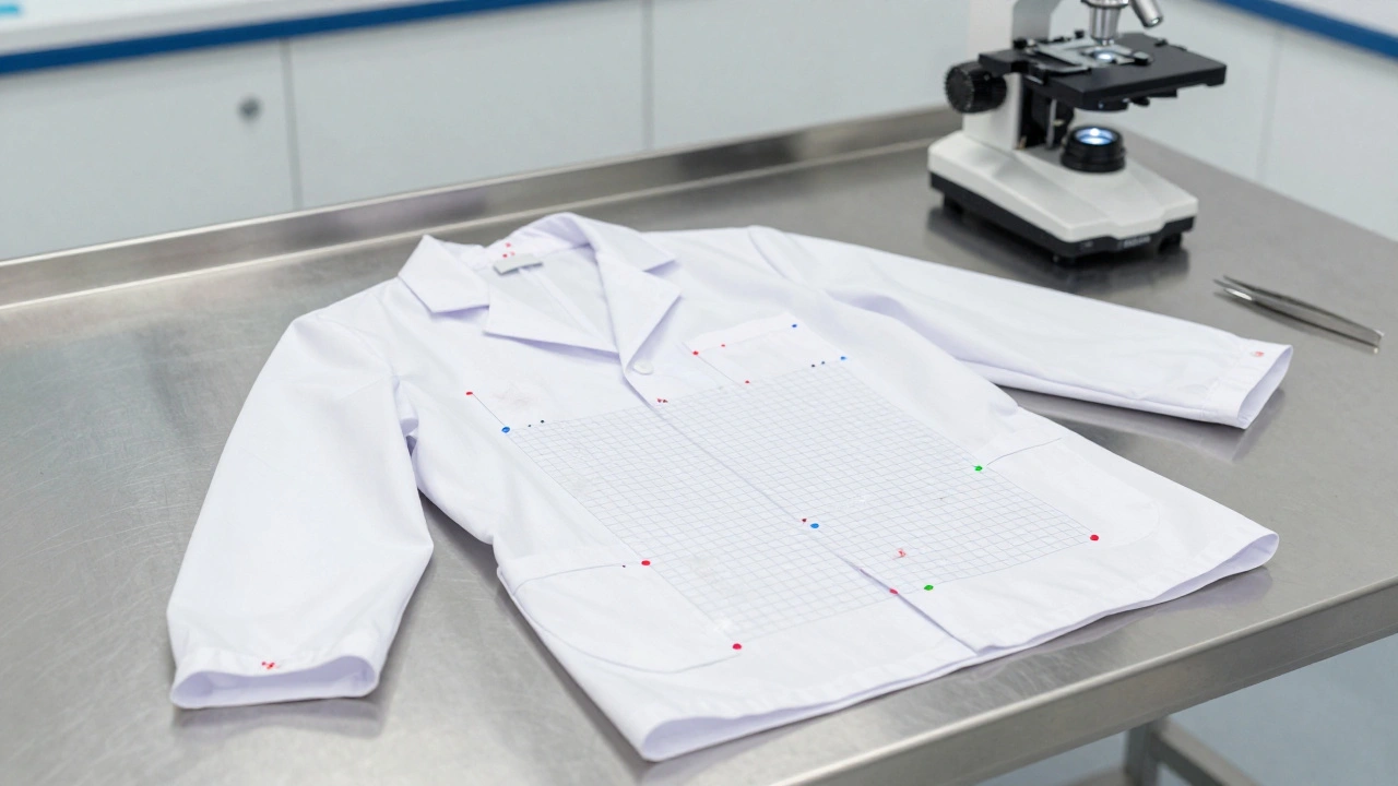 A forensic trace map showing the distribution of recovered fibers on a garment.