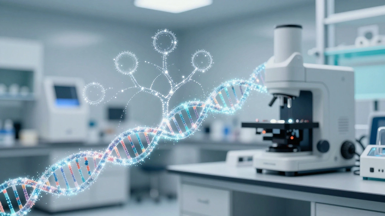 A glowing DNA double helix transitioning into a luminous ancestral family tree.