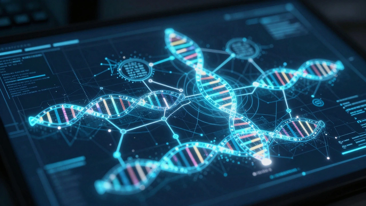 A holographic DNA double helix integrated with a complex digital family tree