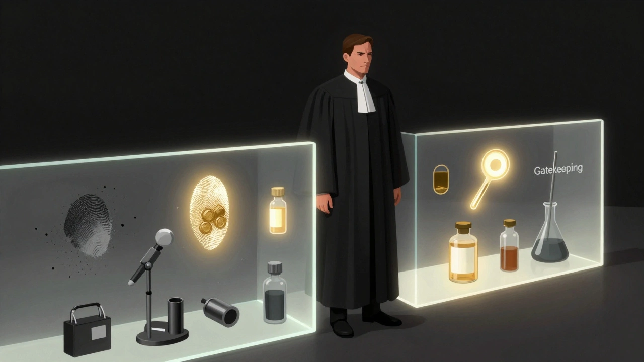 A judge acting as a gatekeeper, filtering valid forensic evidence from unreliable science.