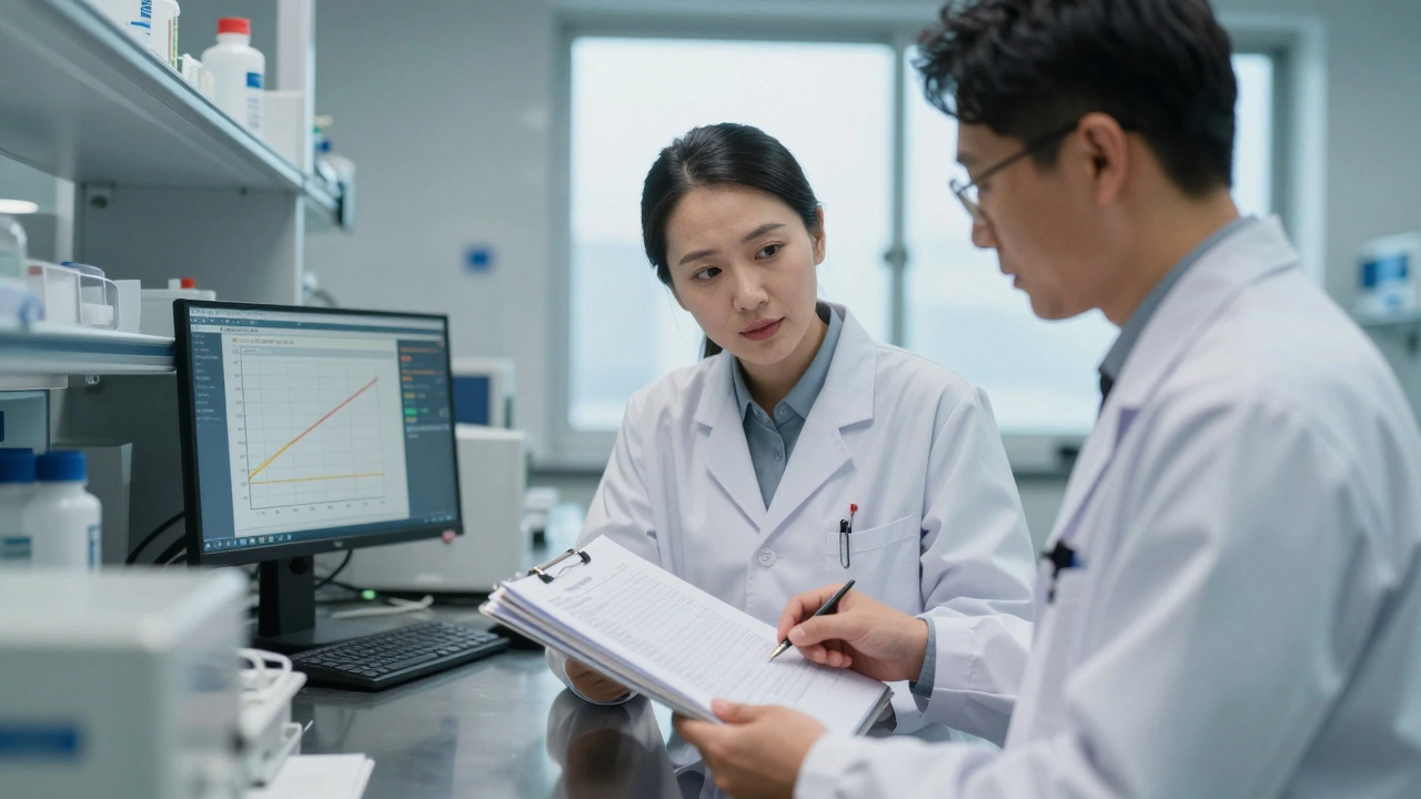A lab manager and auditor reviewing documentation next to a data control chart.