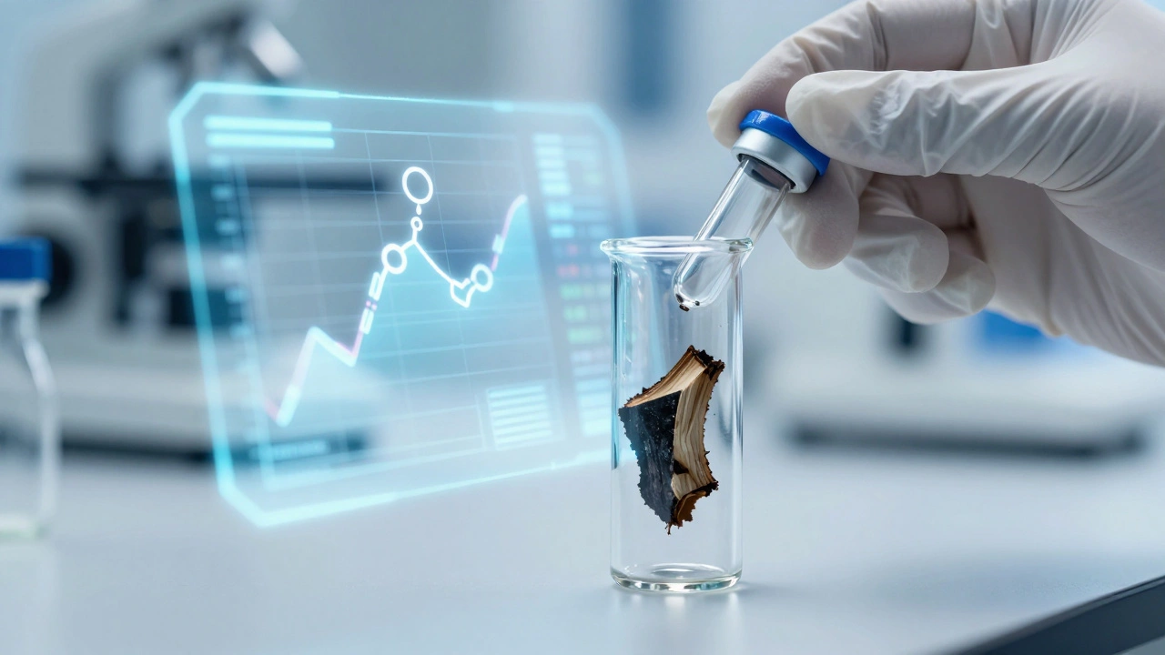 A laboratory vial of charred evidence being analyzed by a holographic chemical graph.