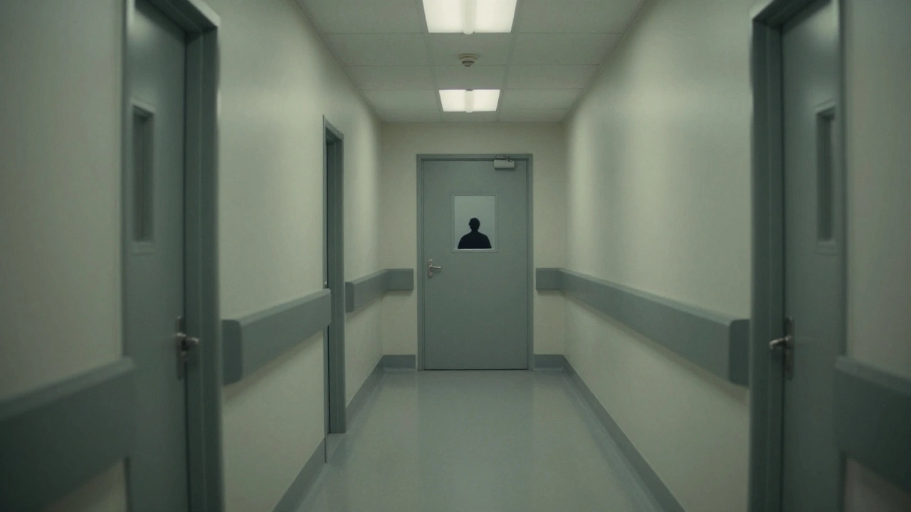 A long, sterile corridor of a secure psychiatric hospital with a distant silhouette.