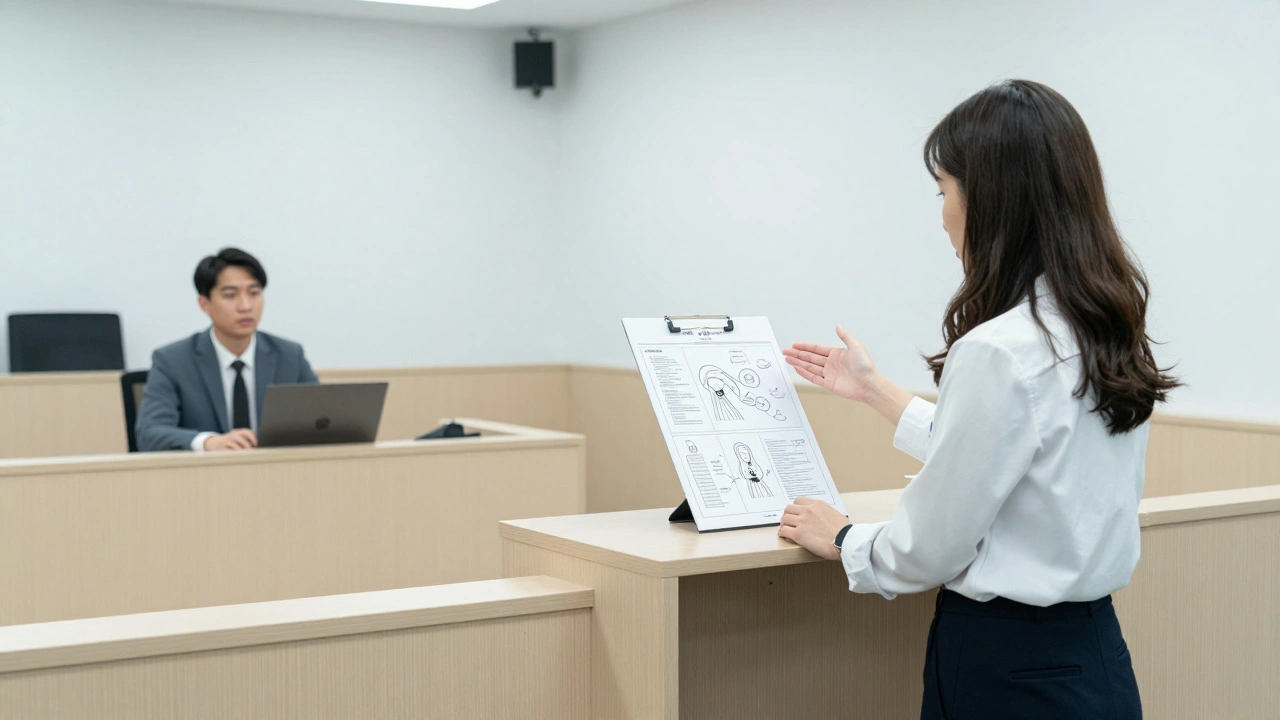 A psychiatric expert testifying in a courtroom next to a disconnected defendant.