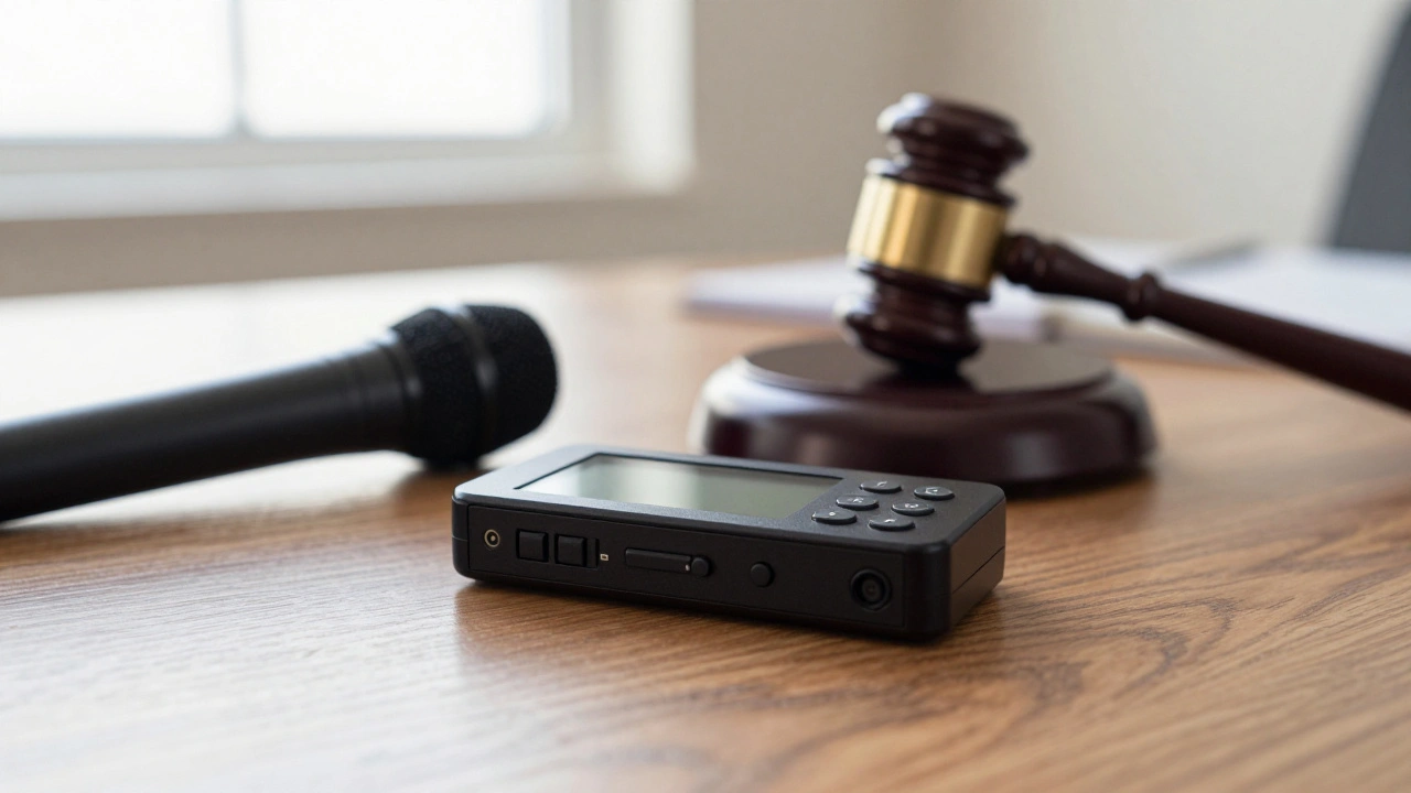 A recording device and microphone on a legal table next to a gavel, symbolizing transparency.