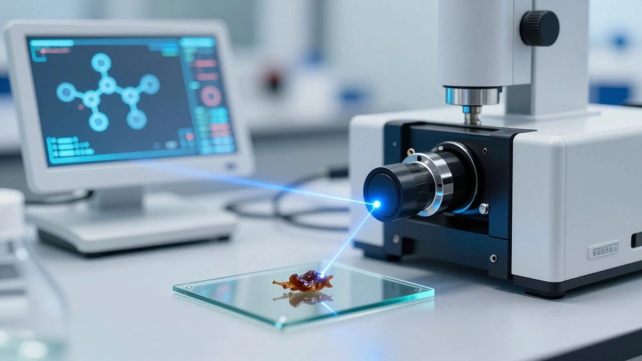 A scientific laser analyzing a blood sample using Raman spectroscopy in a modern lab.