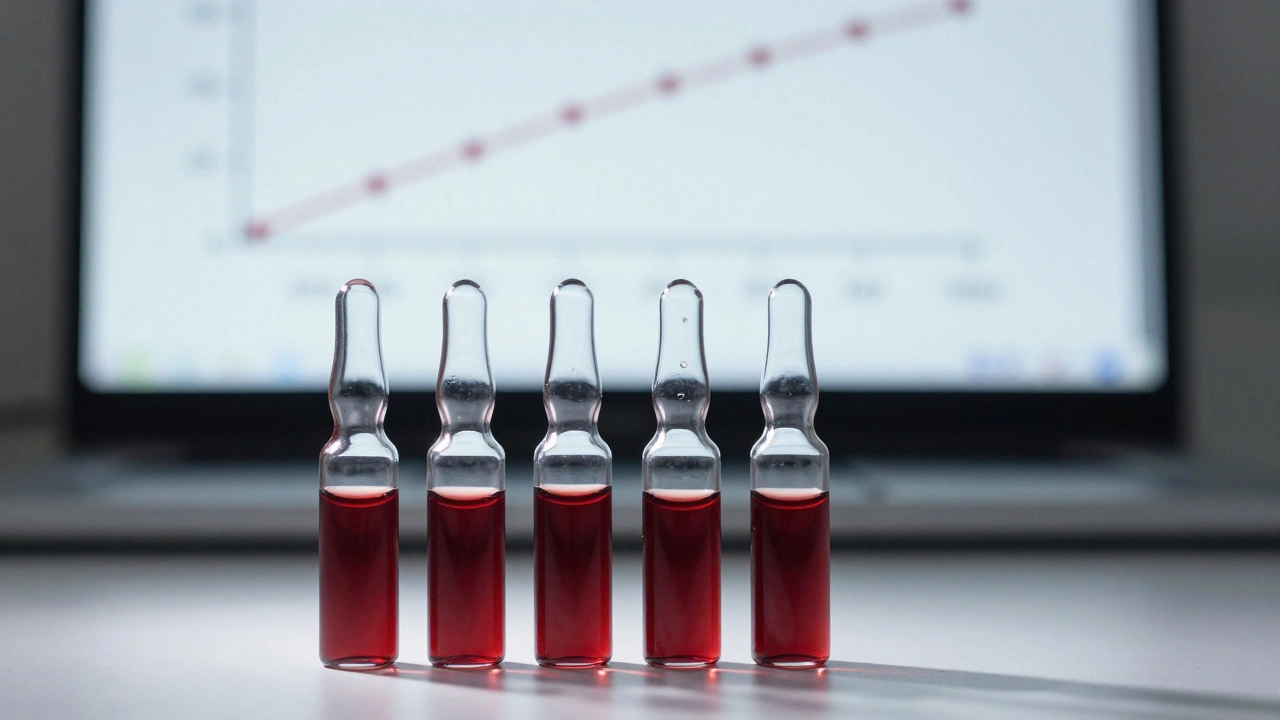 A sequence of calibration vials in blood matrix next to a digital linear curve graph